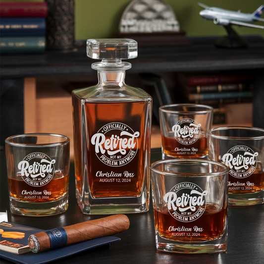 Officially Retired Not My Problem Whiskey Decanter Set With Glasses | Happy Retirement Gift | Engraved Gift For Retirement TND001