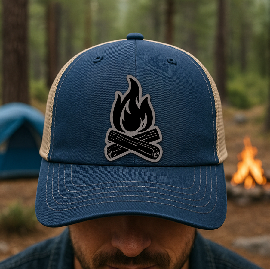 Minimalist Campfire Trucker Hat – Custom Yellow Flame Patch Cap – Richardson 112 Mesh Hat for Outdoors VHA163