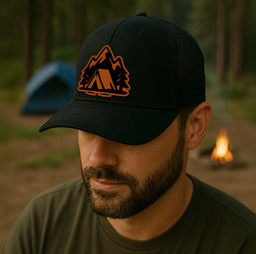 Minimalist Camping Trucker Hat – Tent, Trees & Mountain Patch – Custom Richardson 112 Outdoors Cap VHA163