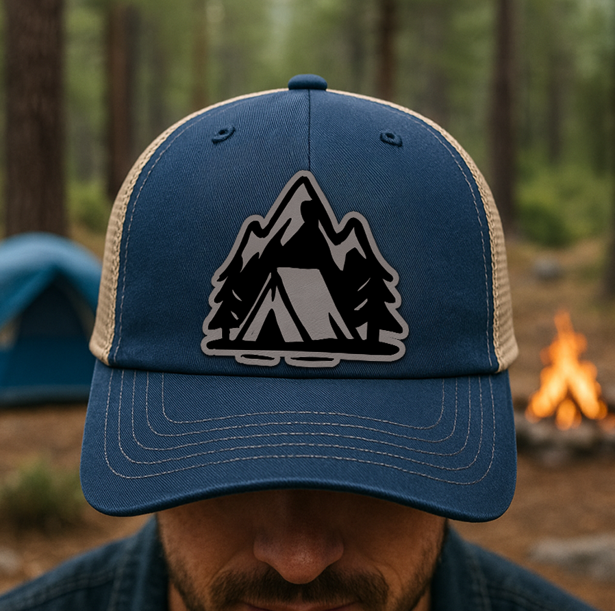 Minimalist Camping Trucker Hat – Tent, Trees & Mountain Patch – Custom Richardson 112 Outdoors Cap VHA163