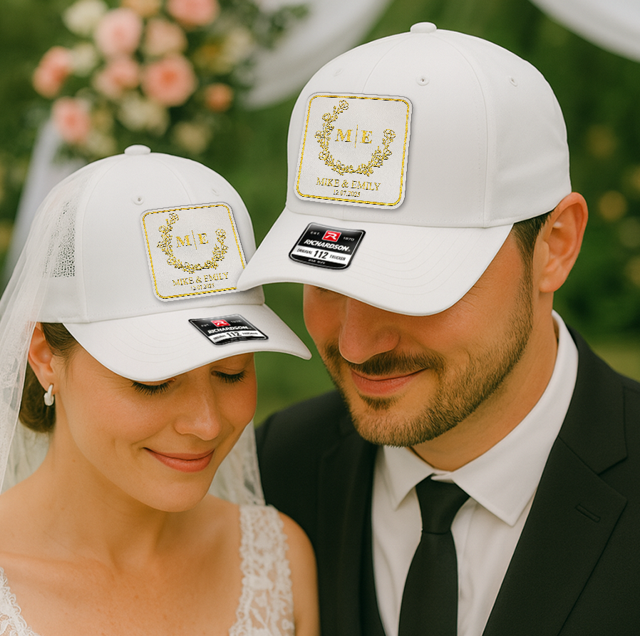 Custom Wedding Hats – Personalized Trucker Cap Set with Names & Date, Matching Couple Gift for Bride & Groom VHA163
