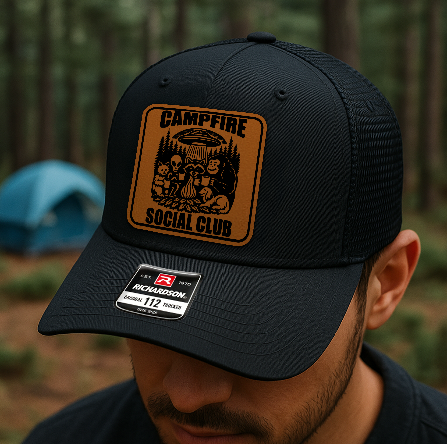 Custom “Campfire Social Club” Trucker Hat – Funny Camping Alien & Bigfoot Cap – Richardson 112 Outdoors Hat VHA163