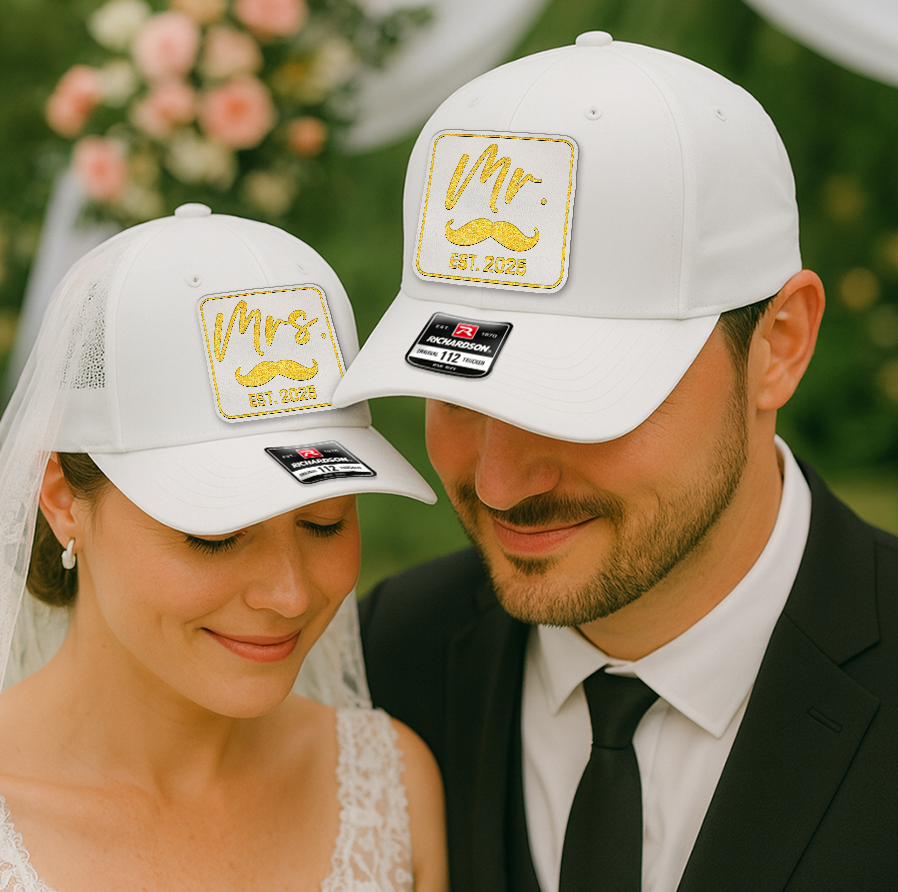 Custom Wedding Trucker Hats – Mr. and Mrs. EST. 2025 Matching Green Caps for Bride & Groom, Romantic Gift Set VHA163