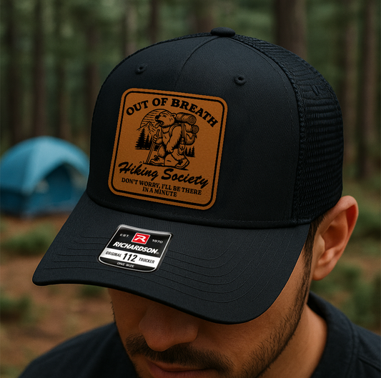 Custom Funny Hiking Hat – “Out of Breath Hiking Society” Trucker Cap – Richardson 112 Outdoors Gift VHA163