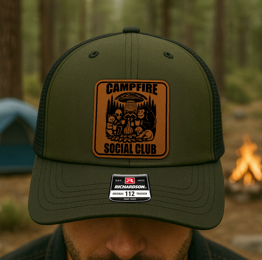 Custom “Campfire Social Club” Trucker Hat – Funny Camping Alien & Bigfoot Cap – Richardson 112 Outdoors Hat VHA163