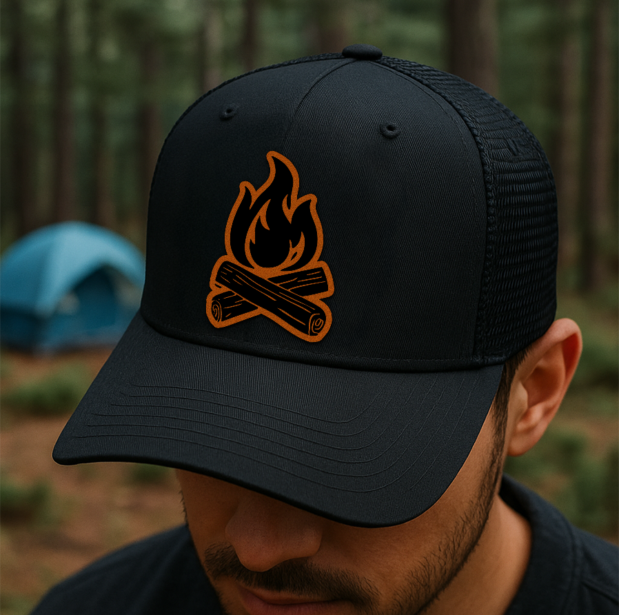 Minimalist Campfire Trucker Hat – Custom Yellow Flame Patch Cap – Richardson 112 Mesh Hat for Outdoors VHA163