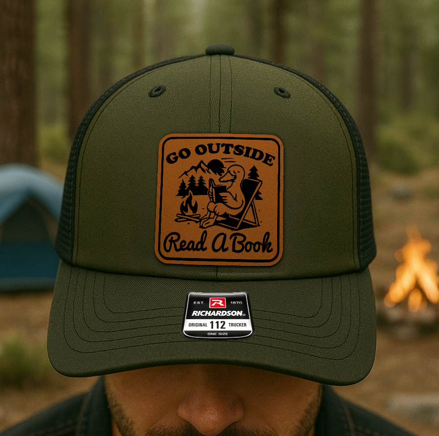 Custom Camping Book Lover Hat – “Go Outside Read A Book” Trucker Cap – Richardson 112 Outdoor Gift VHA163