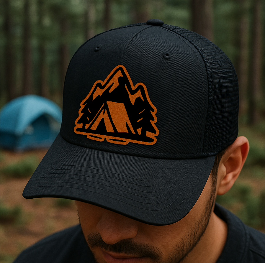 Minimalist Camping Trucker Hat – Tent, Trees & Mountain Patch – Custom Richardson 112 Outdoors Cap VHA163