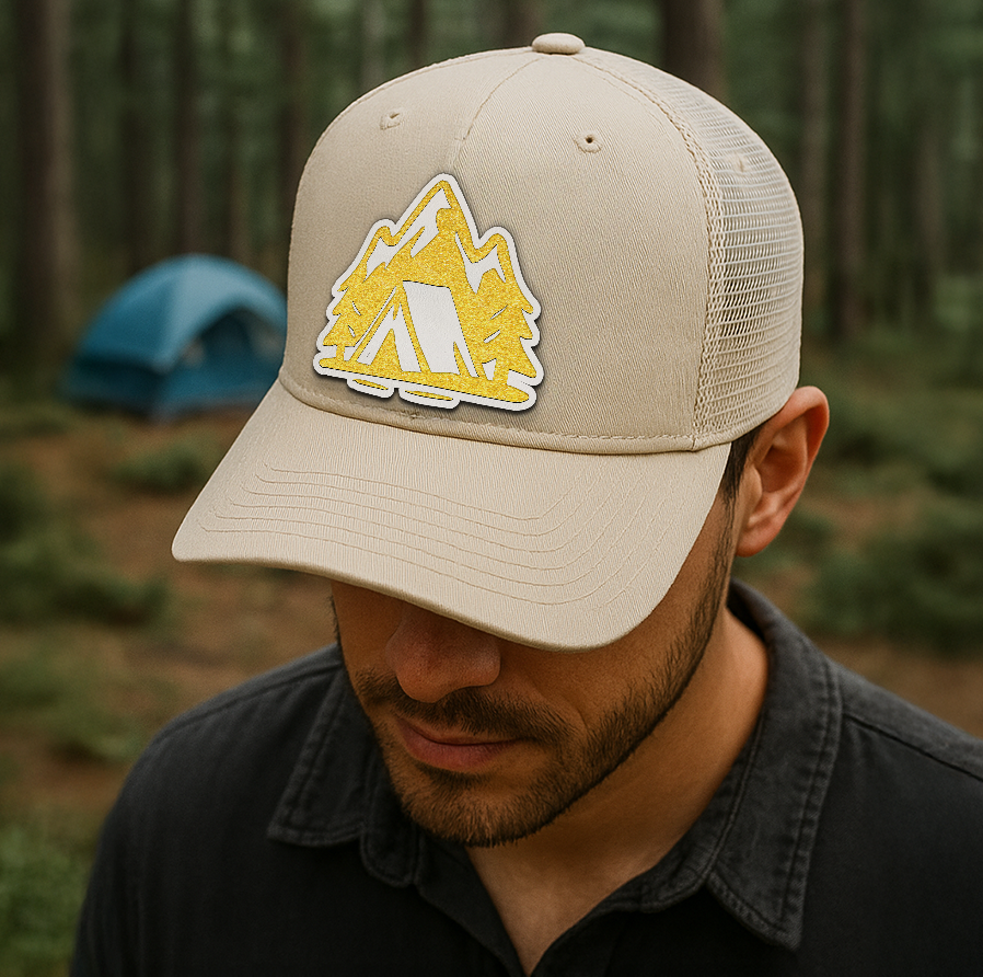 Minimalist Camping Trucker Hat – Tent, Trees & Mountain Patch – Custom Richardson 112 Outdoors Cap VHA163