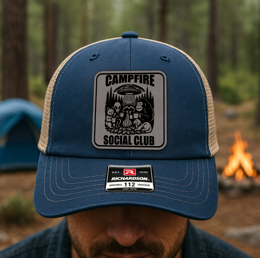 Custom “Campfire Social Club” Trucker Hat – Funny Camping Alien & Bigfoot Cap – Richardson 112 Outdoors Hat VHA163