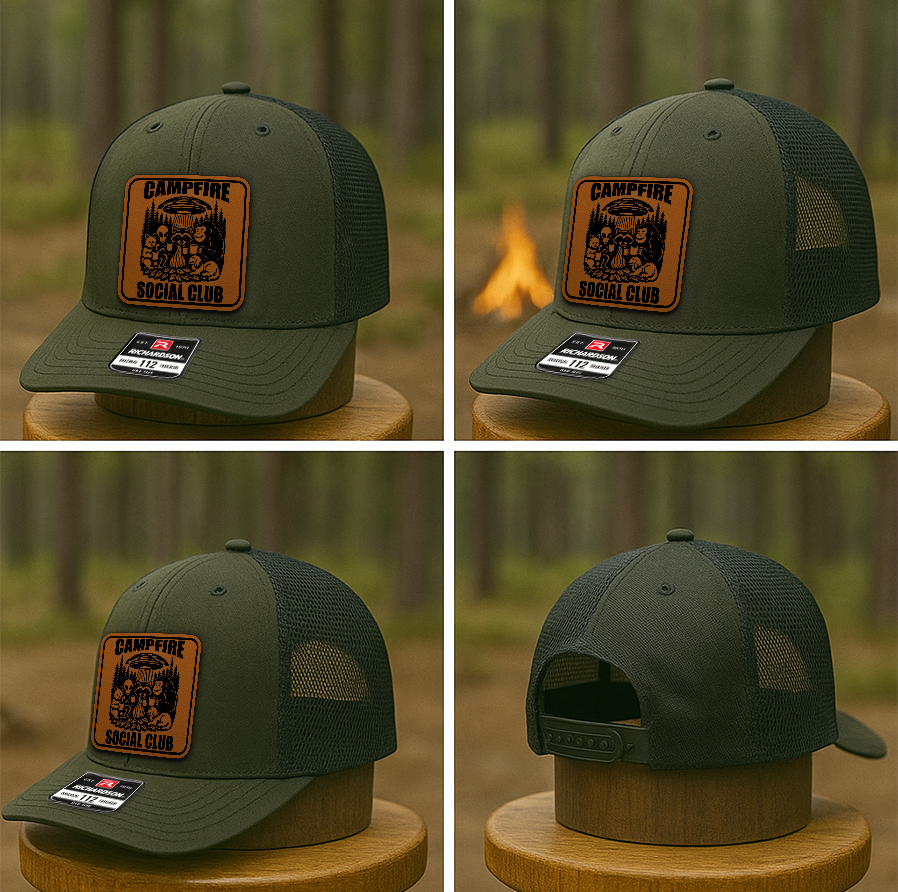 Custom “Campfire Social Club” Trucker Hat – Funny Camping Alien & Bigfoot Cap – Richardson 112 Outdoors Hat VHA163