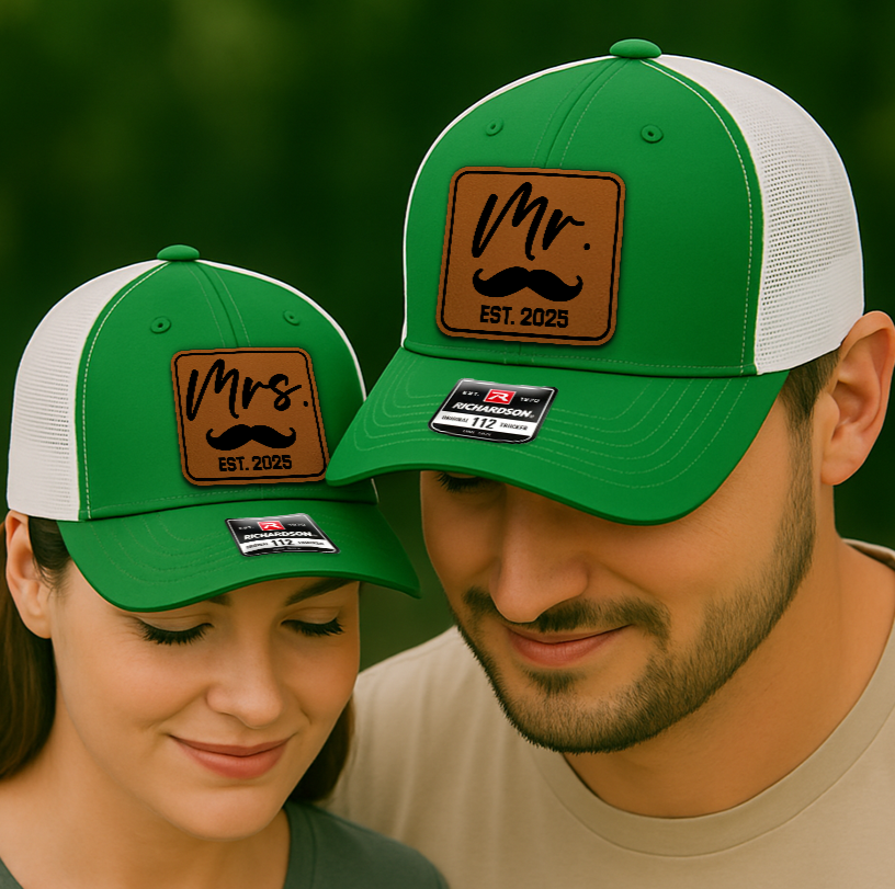 Custom Wedding Trucker Hats – Mr. and Mrs. EST. 2025 Matching Green Caps for Bride & Groom, Romantic Gift Set VHA163