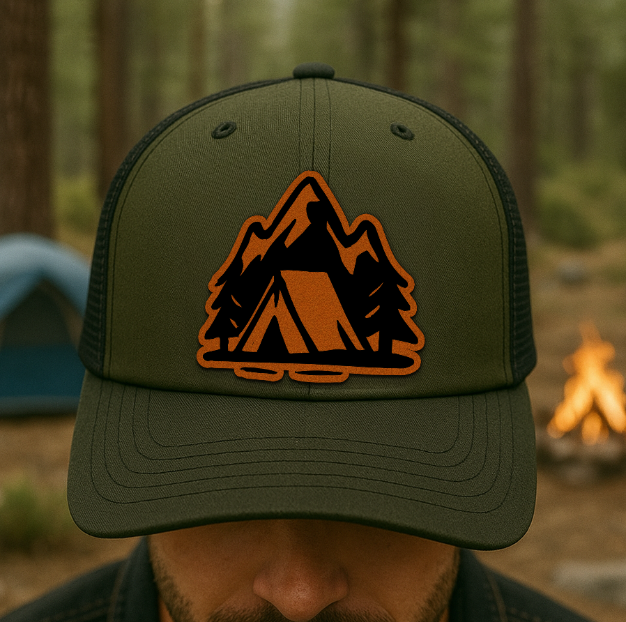 Minimalist Camping Trucker Hat – Tent, Trees & Mountain Patch – Custom Richardson 112 Outdoors Cap VHA163