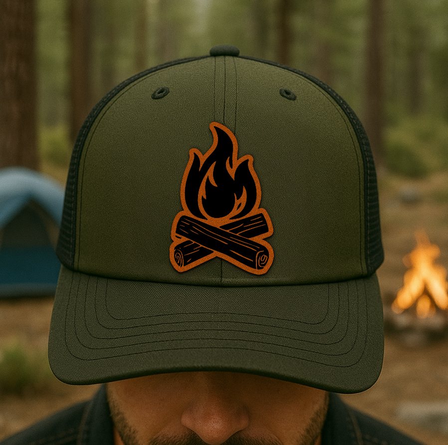 Minimalist Campfire Trucker Hat – Custom Yellow Flame Patch Cap – Richardson 112 Mesh Hat for Outdoors VHA163