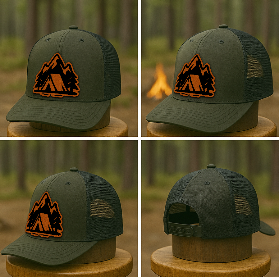 Minimalist Camping Trucker Hat – Tent, Trees & Mountain Patch – Custom Richardson 112 Outdoors Cap VHA163