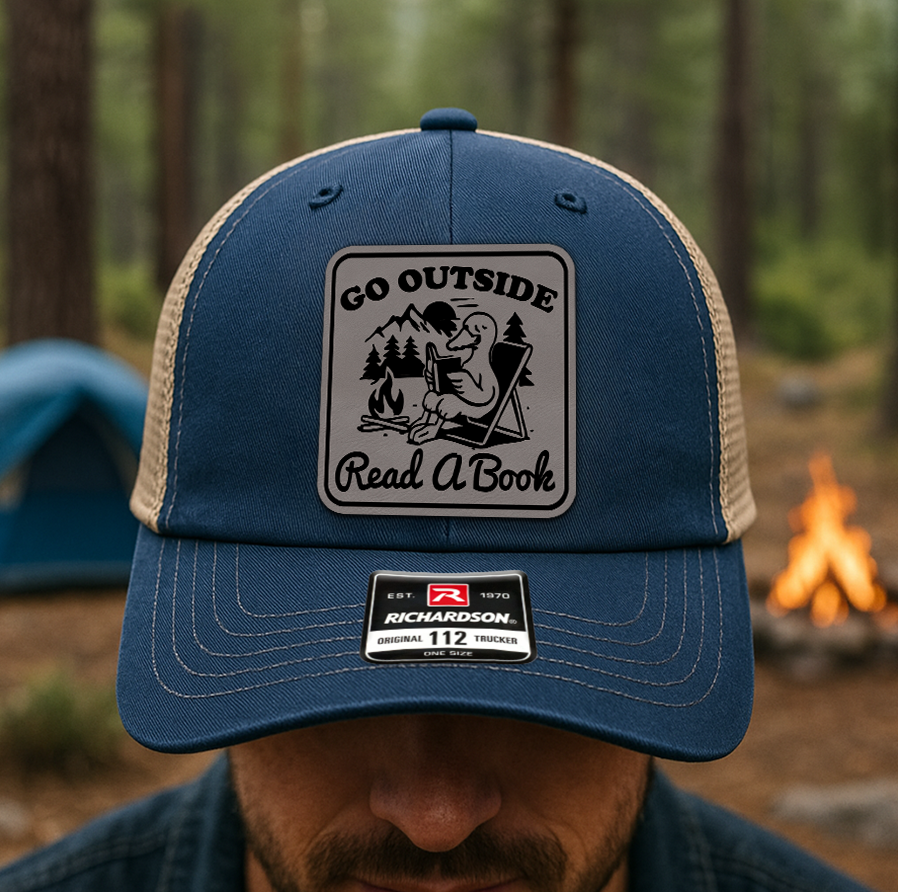 Custom Camping Book Lover Hat – “Go Outside Read A Book” Trucker Cap – Richardson 112 Outdoor Gift VHA163