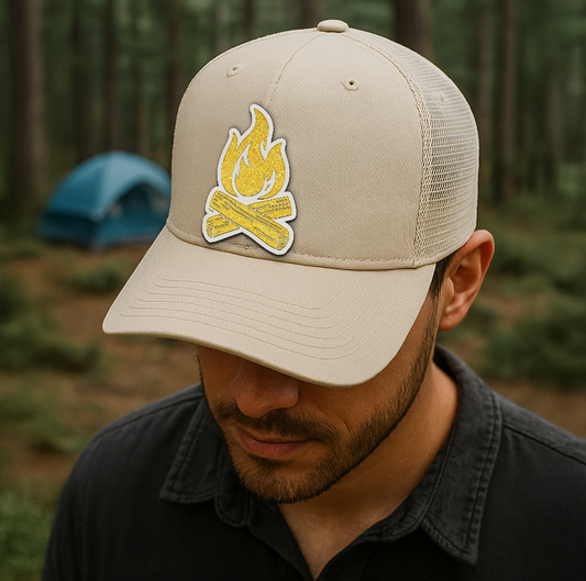 Minimalist Campfire Trucker Hat – Custom Yellow Flame Patch Cap – Richardson 112 Mesh Hat for Outdoors VHA163