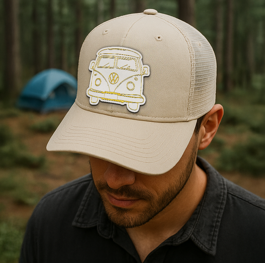 Custom Retro Van Trucker Hat – Yellow VW Camper Patch – Richardson 112 Vanlife Mesh Cap VHA163