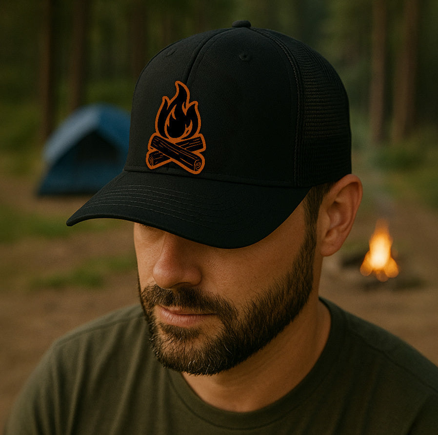 Minimalist Campfire Trucker Hat – Custom Yellow Flame Patch Cap – Richardson 112 Mesh Hat for Outdoors VHA163