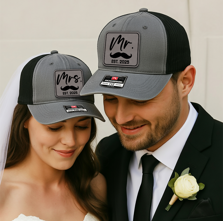 Custom Wedding Trucker Hats – Mr. and Mrs. EST. 2025 Matching Green Caps for Bride & Groom, Romantic Gift Set VHA163
