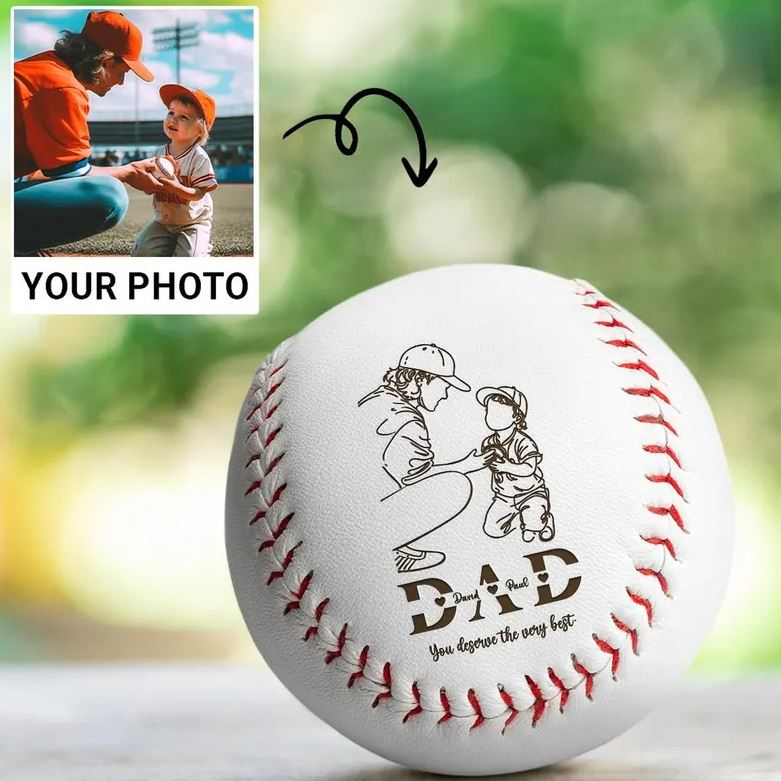Personalized Engraved Baseball Photo Dad And Kid | Baseball Gift | Custom Name Dad And Kid