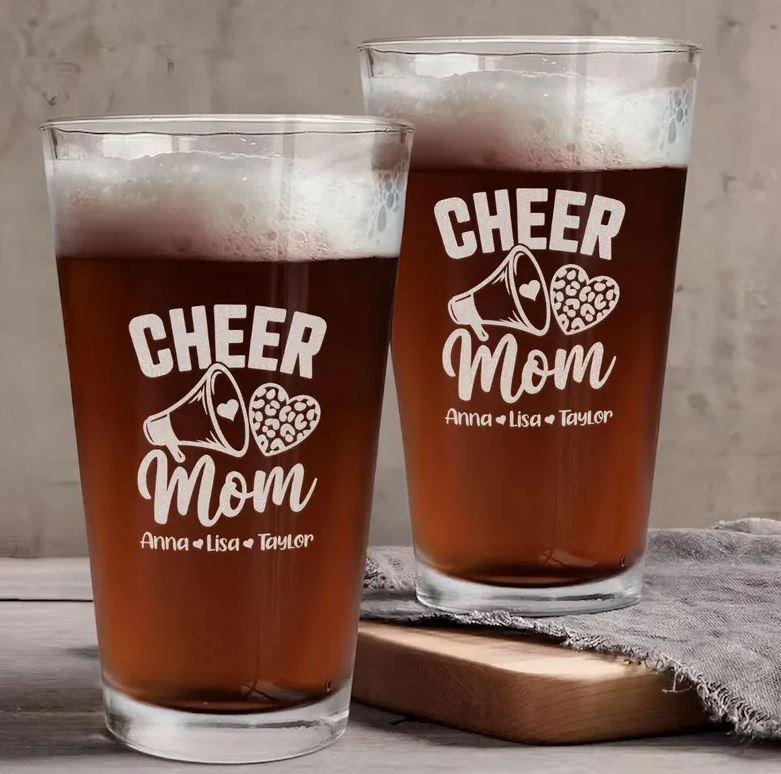 Personalized Cheer Mom Engraved Beer Glass | Custom Gift For Mom | Mother's Day Gift
