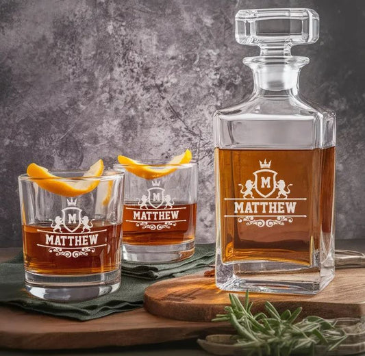 Personalized Logo Royal WIth Lion Whiskey Glass And Decanter Set | Best Gift For Friend | Engraved Gift For Friend