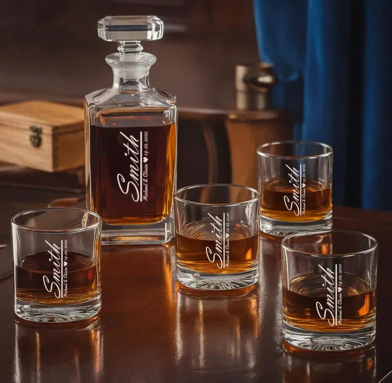 Personalized Custom Couple Name Whiskey Glass And Decanter Set | Best Couple Gifts | Engraved Whiskey Glass and Decanter