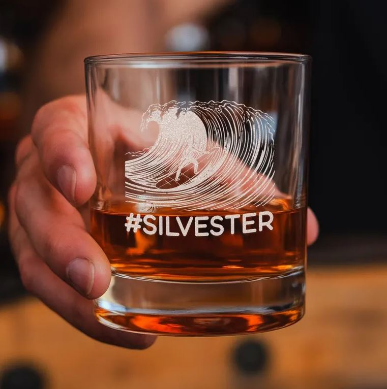 Personalized Surfing Scene Whiskey Glass | Custom Name Engraved Whiskey Glass | Funny Gift For Friend