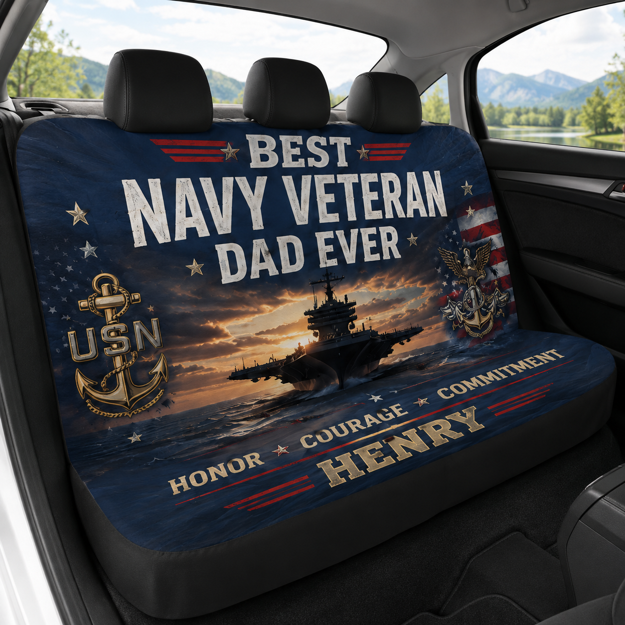 Personalized Navy Dad Car Rear Seat Cover, Custom Back Seat Protector For Dad, Gift For Dad TOM99