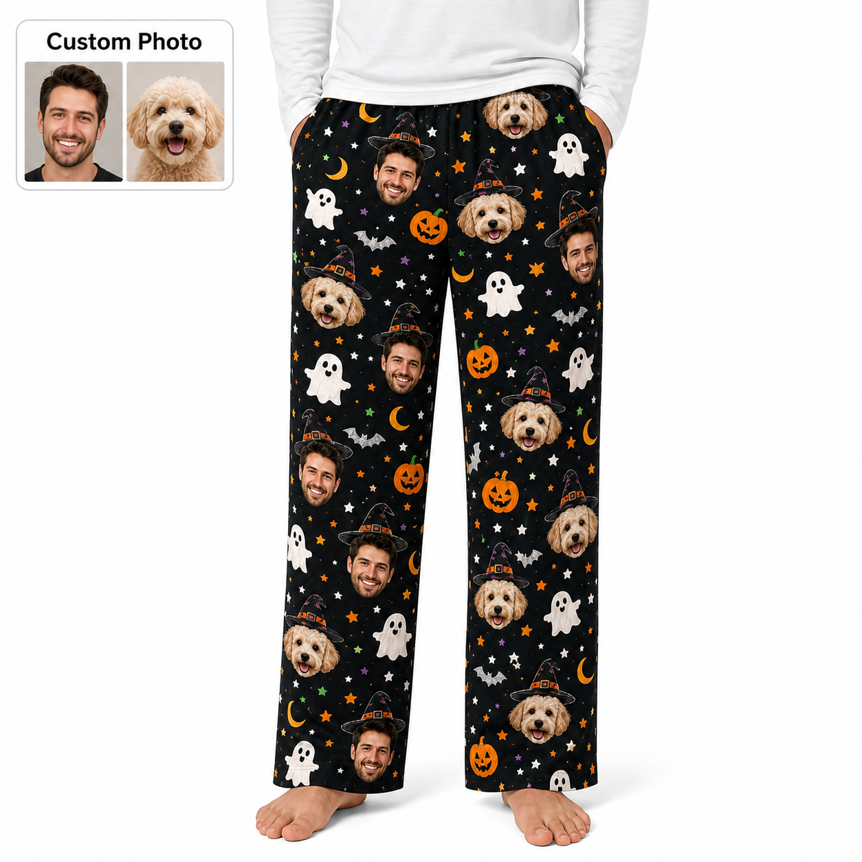 Custom Photo Face And Dog Halloween Unisex Straight Pajama Pants THUC99