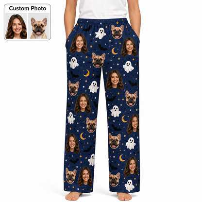 Custom Photo Dog And Human Face Halloween Straight Leg Pajama Pants For Pet Lover THUC99