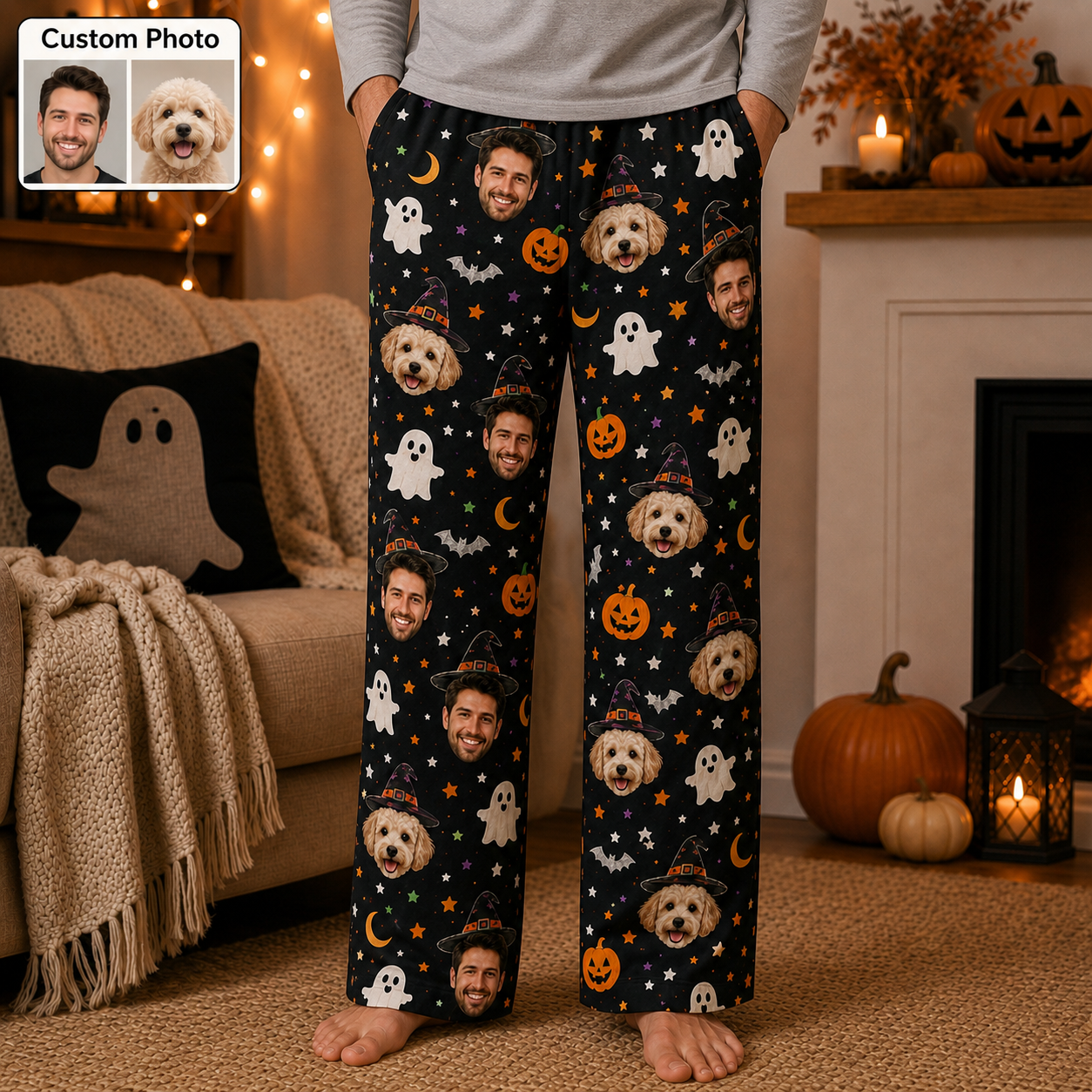 Custom Photo Face And Dog Halloween Unisex Straight Pajama Pants THUC99
