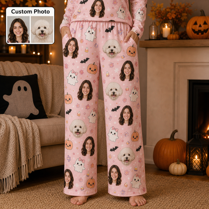 Custom Photo Face With Dog Halloween Unisex Straight Leg Pajama Pants For Pet Lover THUC99