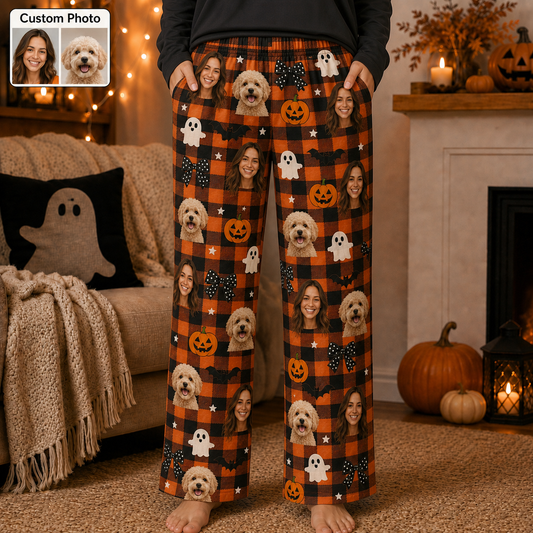 Custom Photo Face And Pet Dog Halloween Personalized Pajama Pants Gift For Dog Lover THUC99