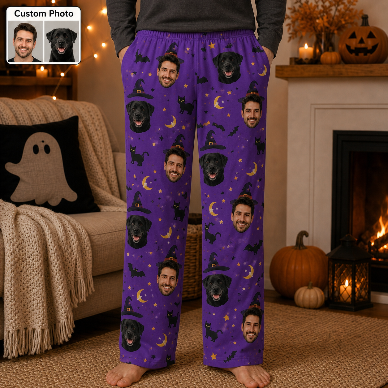 Custom Photo Face And Dog Halloween Funny Unisex Sleep Pants For Pet Owner Dog Lover THUC99