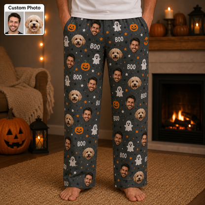 Custom Photo Face And Dog Halloween Personalized Straight Pajama Bottoms THUC99