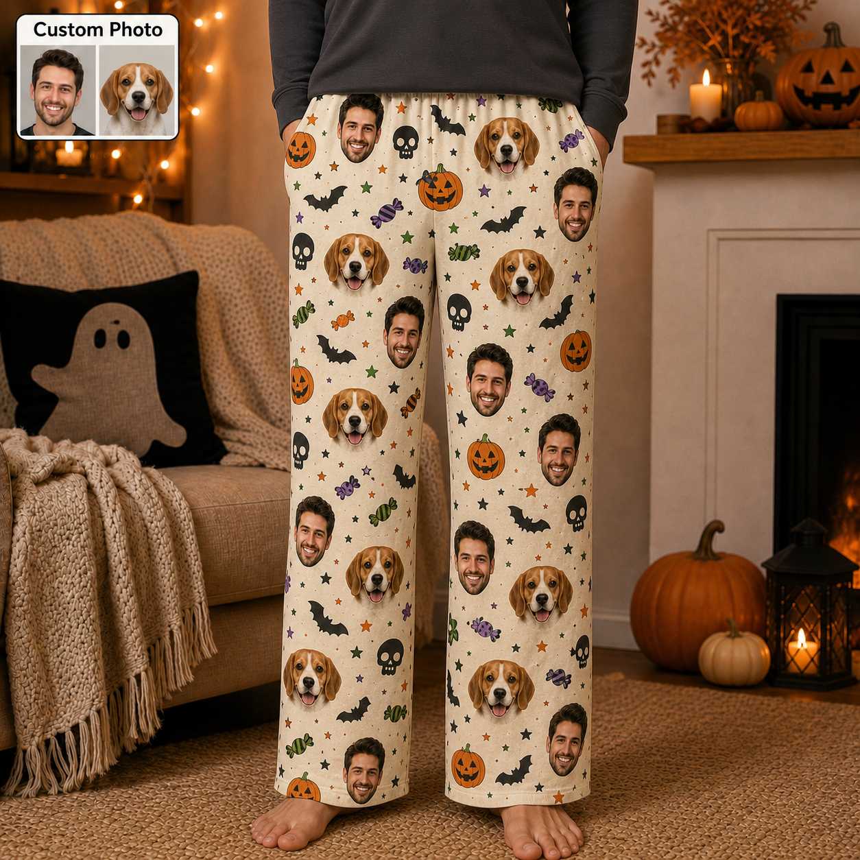 Custom Photo Dog And Owner Face Halloween Personalized Pajama Pants For Dog Lover THUC99