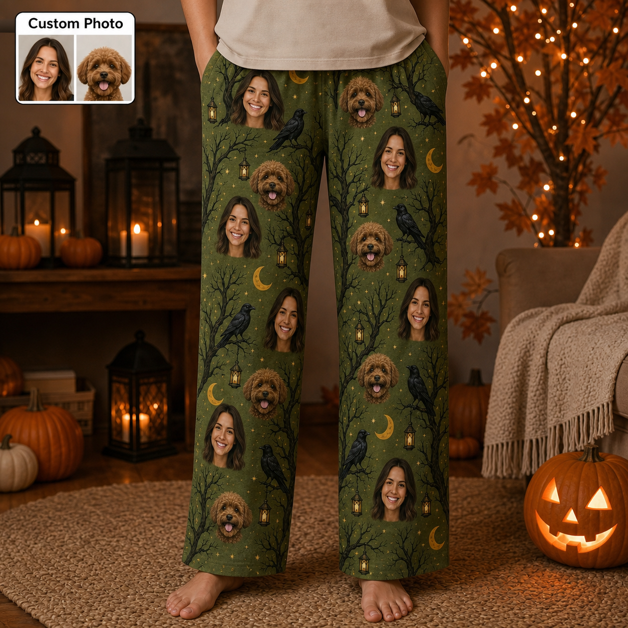 Custom Photo Pet Dog Face Halloween Unisex Pajama Pants Gift For Dog Lover THUC99