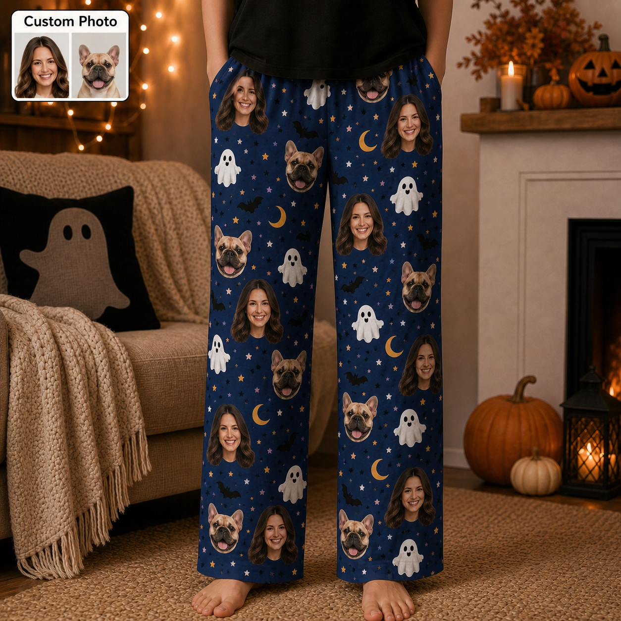 Custom Photo Dog And Human Face Halloween Straight Leg Pajama Pants For Pet Lover THUC99