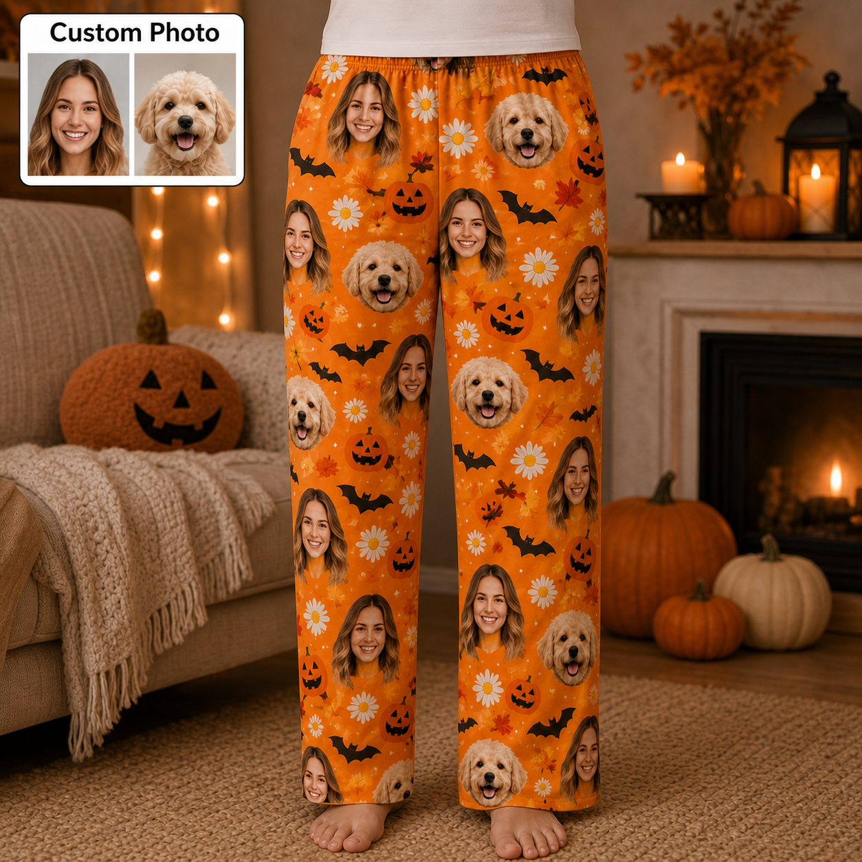 Custom Photo Face And Dog Halloween Funny Unisex Sleep Pants For Pet Owner Dog Lover THUC99