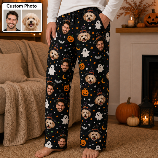 Custom Photo Face And Dog Halloween Unisex Straight Pajama Pants THUC99