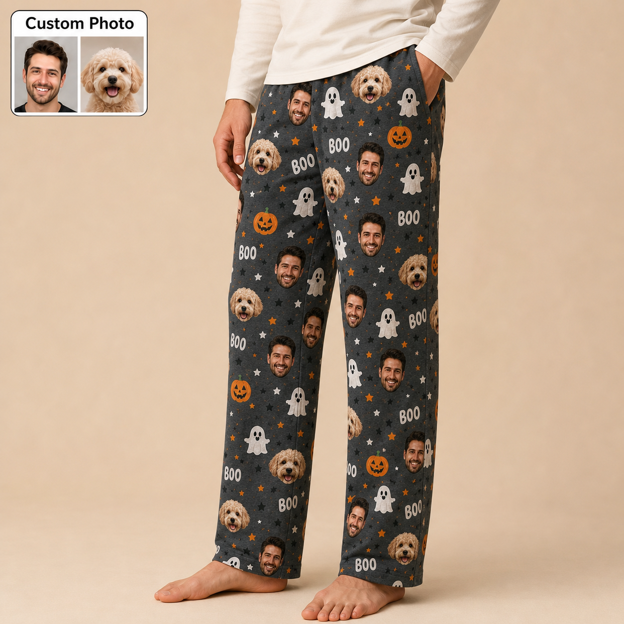 Custom Photo Face And Dog Halloween Personalized Straight Pajama Bottoms THUC99