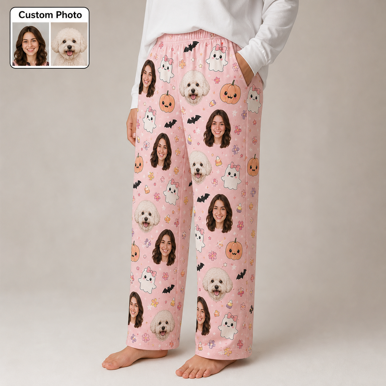 Custom Photo Face With Dog Halloween Unisex Straight Leg Pajama Pants For Pet Lover THUC99