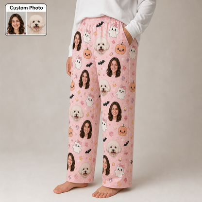 Custom Photo Face With Dog Halloween Unisex Straight Leg Pajama Pants For Pet Lover THUC99