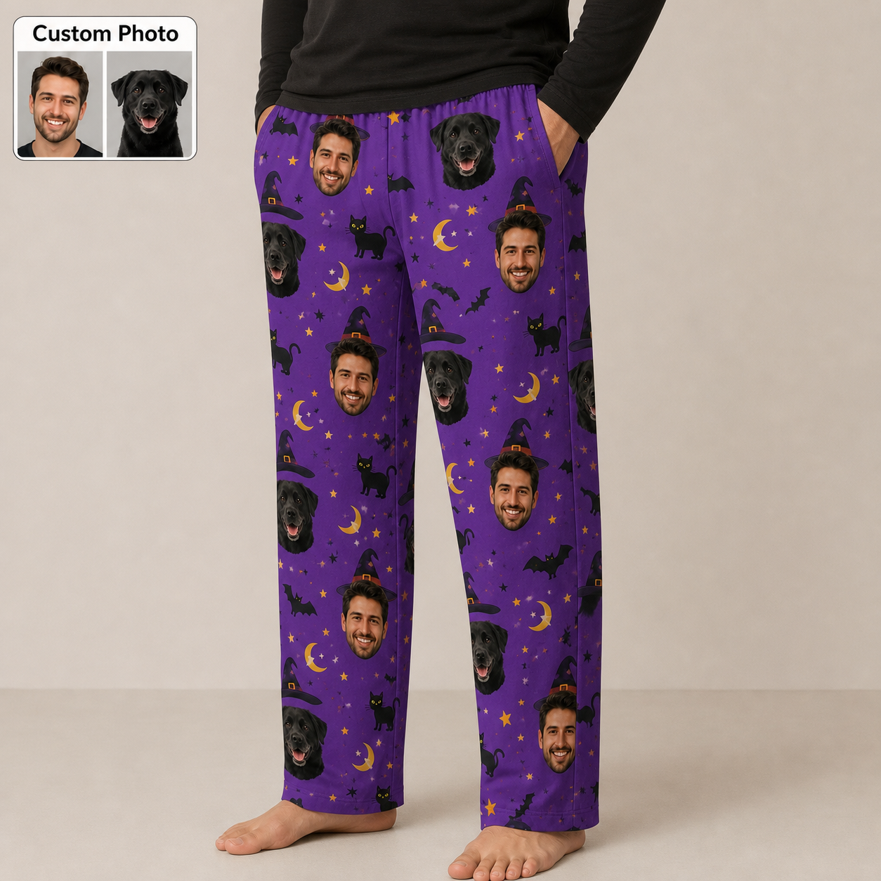 Custom Photo Face And Dog Halloween Funny Unisex Sleep Pants For Pet Owner Dog Lover THUC99