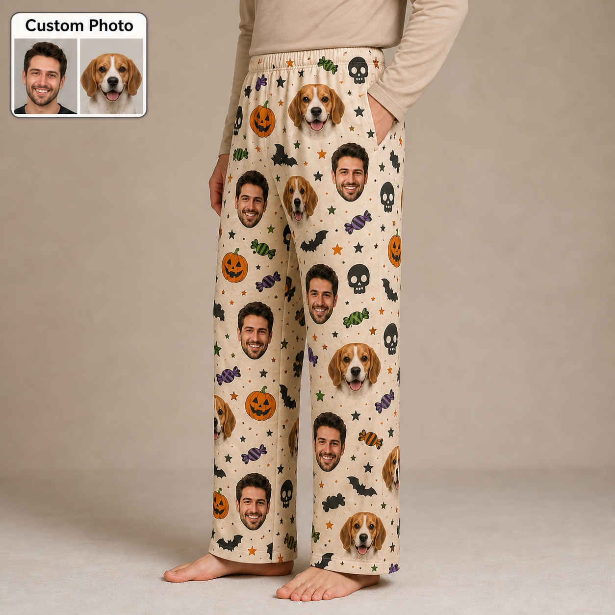 Custom Photo Dog And Owner Face Halloween Personalized Pajama Pants For Dog Lover THUC99