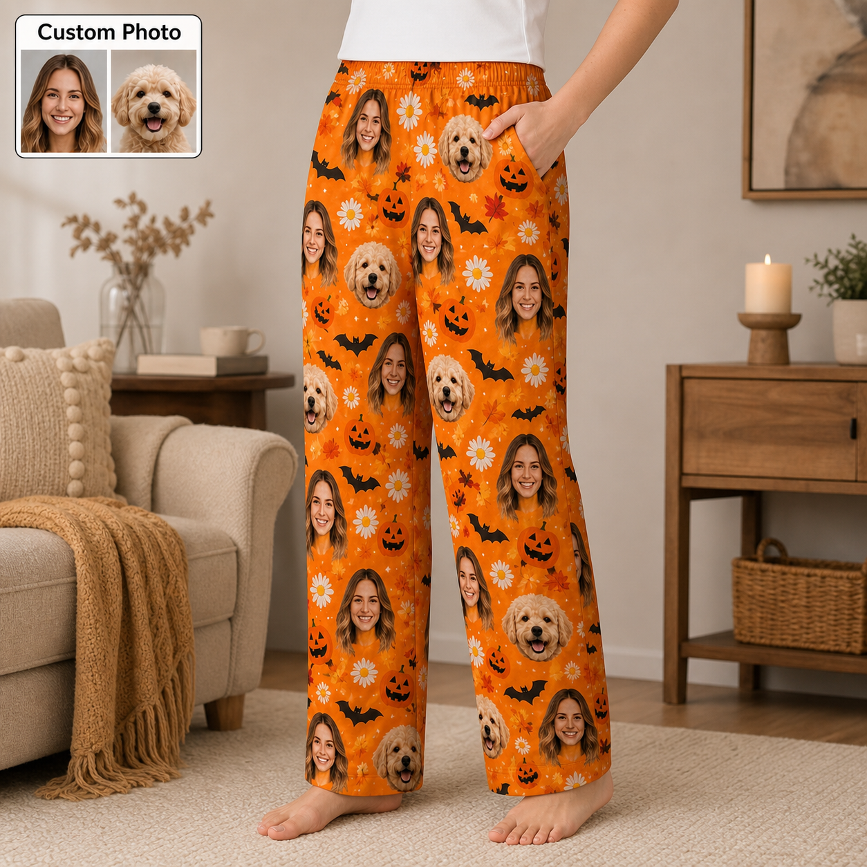 Custom Photo Face And Dog Halloween Funny Unisex Sleep Pants For Pet Owner Dog Lover THUC99