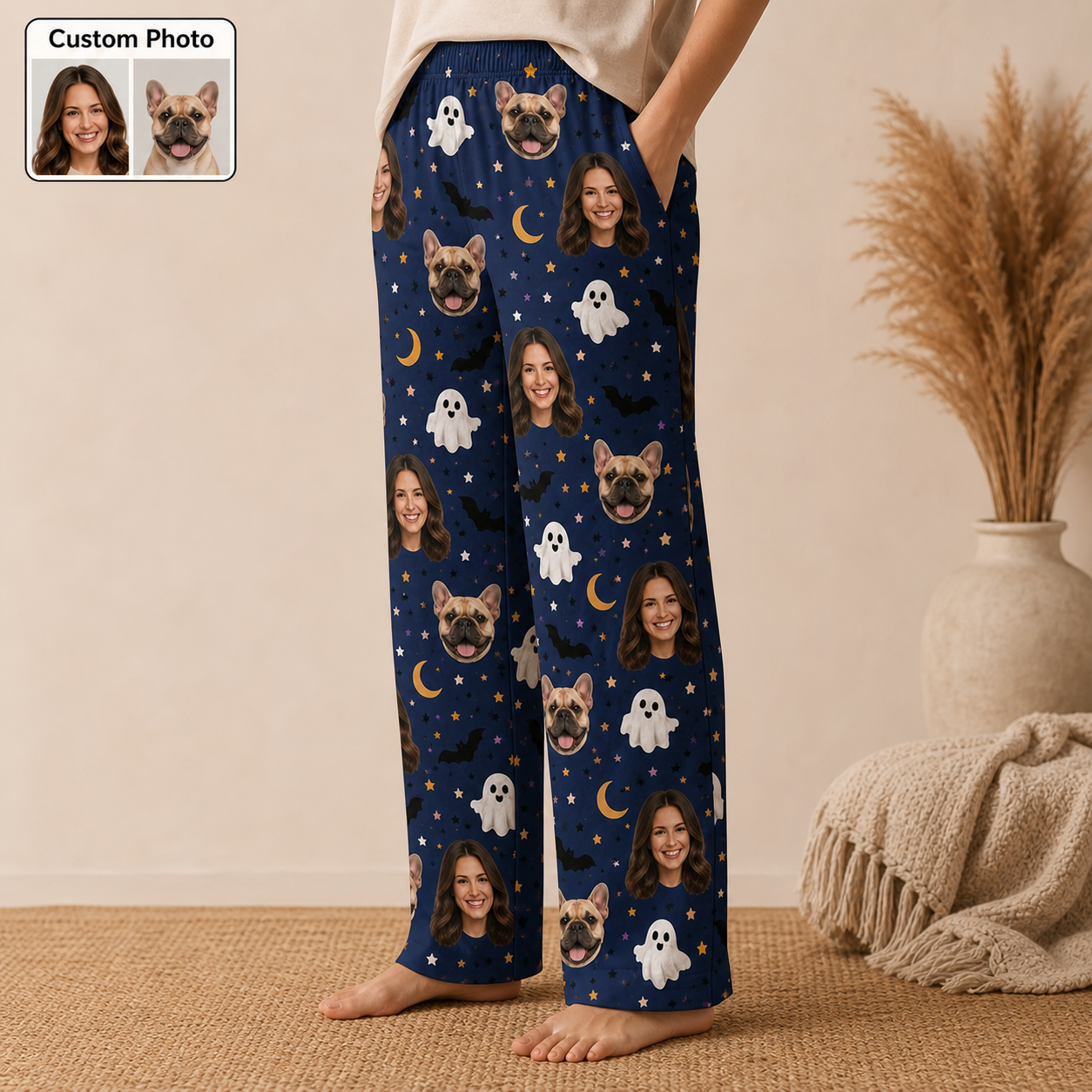 Custom Photo Dog And Human Face Halloween Straight Leg Pajama Pants For Pet Lover THUC99