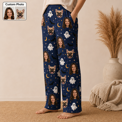 Custom Photo Dog And Human Face Halloween Straight Leg Pajama Pants For Pet Lover THUC99